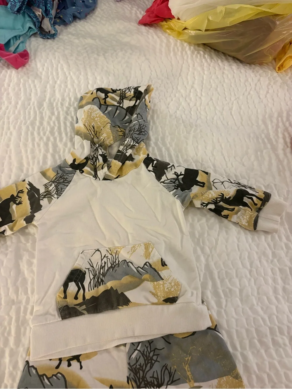 Kids Hooded Pajama Set in White, Gray & Gold Moose Print
